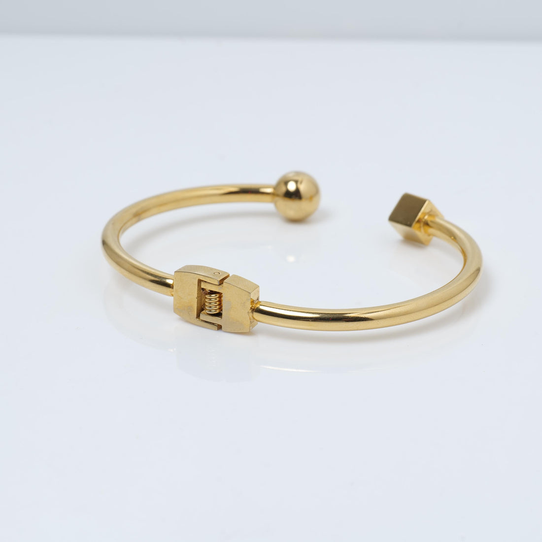 Gold Plated Open Cuff Bracelet – Ball and Cube Minimal Design