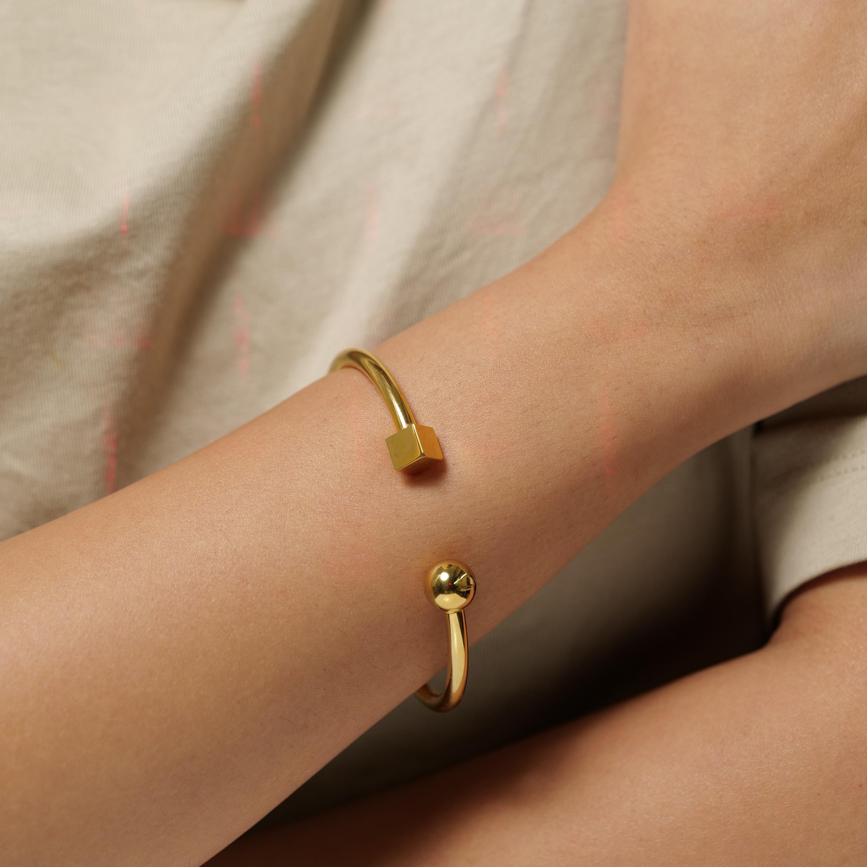 Gold Plated Open Cuff Bracelet – Ball and Cube Minimal Design