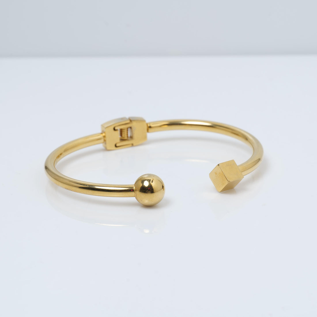 Gold Plated Open Cuff Bracelet – Ball and Cube Minimal Design