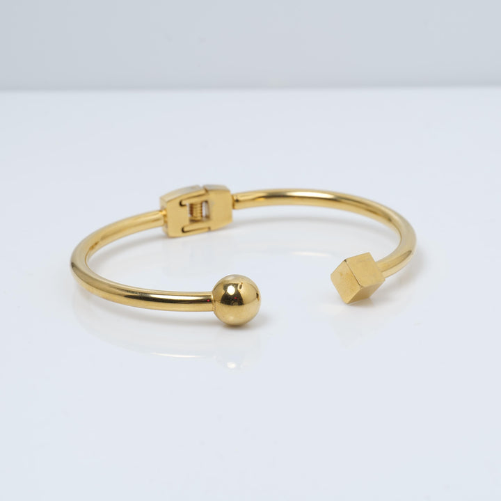 Gold Plated Open Cuff Bracelet – Ball and Cube Minimal Design