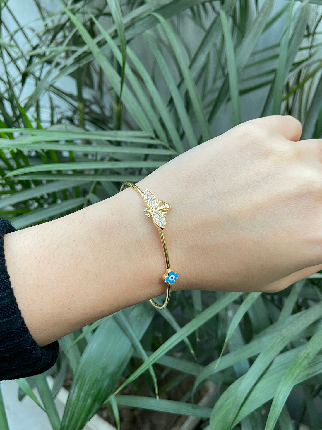 Gold Bee and Evil Eye Open Cuff Bracelet